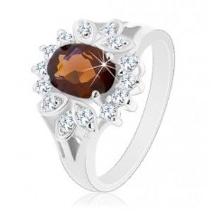 Šperky eshop - Prsteň v striebornom odtieni, hnedooranžový oválny zirkón, číra kontúra, lístky G01.09 - Veľkosť: 52 mm
