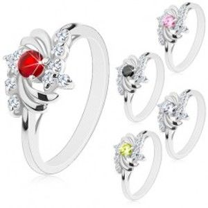 Šperky eshop - Prsteň v striebornom odtieni, lesklé polmesiačiky, okrúhle zirkóny H2.01/05 - Veľkosť: 54 mm, Farba: Červená