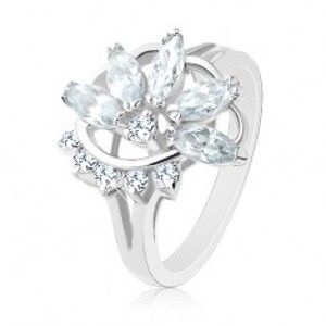 Šperky eshop - Prsteň v striebornom odtieni, polovičný zirkónový kvet, oblúk čírych zirkónikov R32.11 - Veľkosť: 56 mm