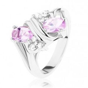 Šperky eshop - Prsteň v striebornom odtieni, ružové a číre zirkóny, dvojitá špirála R39.6 - Veľkosť: 49 mm