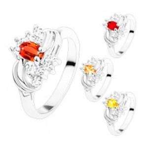 Šperky eshop - Prsteň v striebornom odtieni s hladkými lesklými oblúkmi, farebné a číre zirkóny S11.23 - Veľkosť: 54 mm, Farba: Tmavočervená