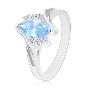 Šperky eshop - Prsteň v striebornom odtieni so zahnutými ramenami, modré zirkónové zrnko V01.16 - Veľkosť: 55 mm