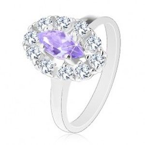 Šperky eshop - Prsteň v striebornom odtieni, svetlofialové zrnko s čírou zirkónovou obrubou V02.26 - Veľkosť: 55 mm