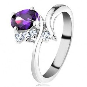 Šperky eshop - Prsteň v striebornom odtieni, úzke zahnuté ramená, fialový brúsený ovál G09.01 - Veľkosť: 55 mm