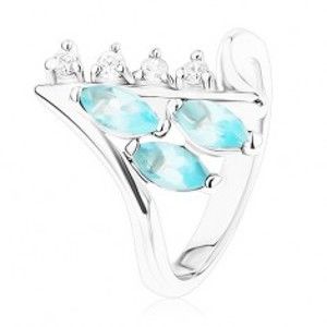 Šperky eshop - Prsteň v striebornom odtieni, zahnuté konce ramien, číre a modré zirkóny R40.14 - Veľkosť: 56 mm