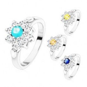 Šperky eshop - Prsteň v striebornom odtieni, zirkónový kvet s farebným stredom, lístočky S15.10 - Veľkosť: 48 mm, Farba: Aqua modrá