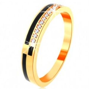 Šperky eshop - Prsteň v žltom 14K zlate - pásy z čiernej glazúry, línia zirkónikov čírej farby GG130.02/130.23/27 - Veľkosť: 54 mm