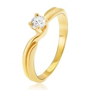Šperky eshop - Prsteň v žltom 14K zlate - rozdvojené ramená, okrúhly kamienok v kotlíku GG14.39 - Veľkosť: 58 mm