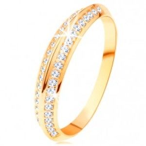 Šperky eshop - Prsteň v žltom 14K zlate, skosené trblietavé ramená, lesklé hladké línie GG111.50 - Veľkosť: 60 mm