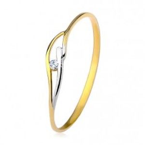 Šperky eshop - Prsteň v žltom a bielom 14K zlate, úzke ramená, vlnky a zirkón čírej farby GG204.20/22 - Veľkosť: 56 mm