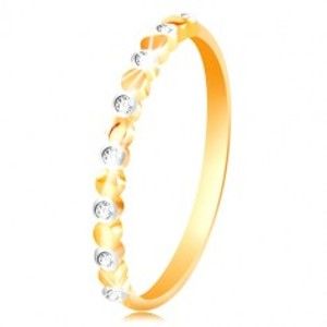Šperky eshop - Prsteň v žltom a bielom zlate 585 - dvojfarebné kolieska a číre zirkóny GG214.24/30 - Veľkosť: 49 mm