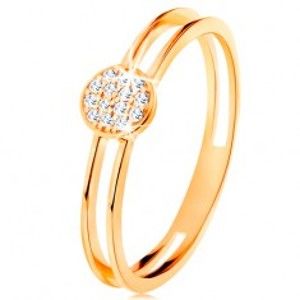 Šperky eshop - Prsteň v žltom zlate 585, tenké zdvojené ramená, kruh s čírymi zirkónmi GG133.08/40/44 - Veľkosť: 49 mm