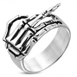 Šperky eshop - Prsteň z chirurgickej ocele - kostra ruky so zdvihnutým prstom, patina K02.06 - Veľkosť: 55 mm