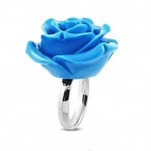 Šperky eshop - Prsteň z chirurgickej ocele - ruža v rozkvete, lesklá modrá živica J05.13 - Veľkosť: 59 mm