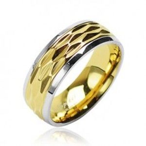 Šperky eshop - Prsteň z chirurgickej ocele - zvlnený motív zlato-striebornej farby L6.06 - Veľkosť: 51 mm