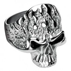 Šperky eshop - Prsteň z chirurgickej ocele, lebka s plameňmi J5.3 - Veľkosť: 64 mm