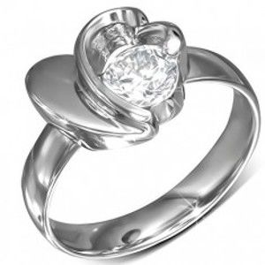 Šperky eshop - Prsteň z chirurgickej ocele, okrúhly zirkón, srdce a obrys srdca BB3.7 - Veľkosť: 52 mm