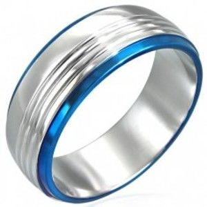 Šperky eshop - Prsteň z chirurgickej ocele s dvoma modrými pruhmi D5.7 - Veľkosť: 54 mm