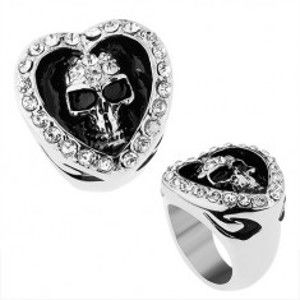 Šperky eshop - Prsteň z chirurgickej ocele, srdce zdobené čírymi zirkónmi, patinovaná lebka Z40.3/4 - Veľkosť: 70 mm
