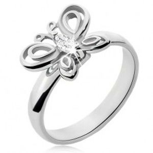 Šperky eshop - Prsteň z chirurgickej ocele striebornej farby, motýlik, číry zirkón L14.09 - Veľkosť: 58 mm