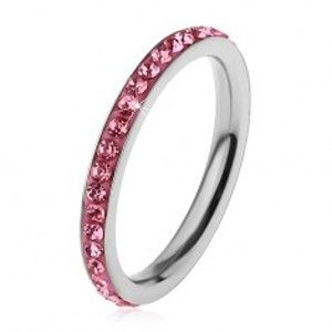 Šperky eshop - Prsteň z chirurgickej ocele striebornej farby, žiarivé zirkóniky v ružovom odtieni H2.19 - Veľkosť: 55 mm