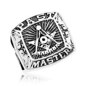 Šperky eshop - Prsteň z chirurgickej ocele, symboly slobodomurárov a nápis, čierna patina AB36.03/04 - Veľkosť: 65 mm