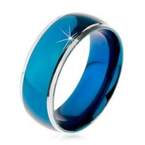 Šperky eshop - Prsteň z chirurgickej ocele, zaoblený modrý pruh, lemy striebornej farby, 8 mm M09.15 - Veľkosť: 65 mm