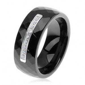 Šperky eshop - Prsteň z čiernej keramiky s brúseným povrchom, tenký oceľový pás, zirkóny H1.11 - Veľkosť: 63 mm
