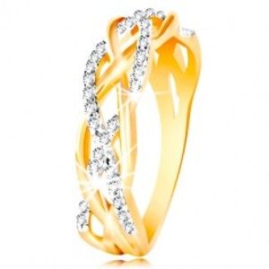 Šperky eshop - Prsteň z kombinovaného 14K zlata - prepletené hladké a zirkónové línie GG215.72/78 - Veľkosť: 48 mm
