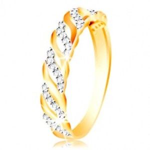 Šperky eshop - Prsteň z kombinovaného zlata 585 - hladké a zirkónové vlnky GG214.31/37 - Veľkosť: 60 mm