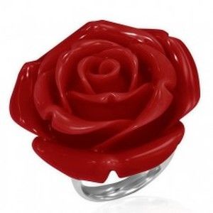 Šperky eshop - Prsteň z ocele - červená vykvitnutá ruža zo živice B4.07 - Veľkosť: 59 mm
