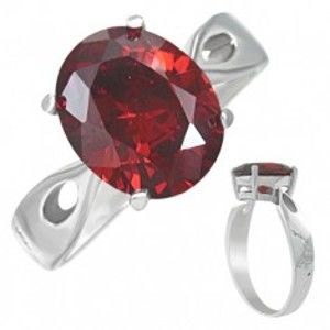 Šperky eshop - Prsteň z ocele - červený mesačný kameň "Január", slzičkové výrezy E6.4 - Veľkosť: 58 mm
