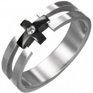 Šperky eshop - Prsteň z ocele - čierny kríž, číry zirkón K11.19 - Veľkosť: 57 mm