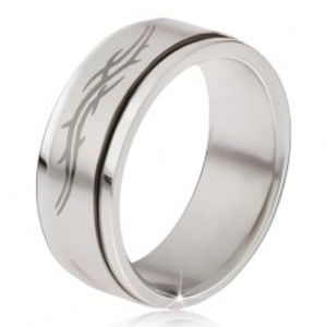 Šperky eshop - Prsteň z ocele - matná točiaca sa obruč, šedá potlač tribal motív  BB17.17 - Veľkosť: 57 mm