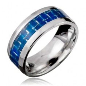 Šperky eshop - Prsteň z ocele - modrý pás, efekt karbónového vlákna C21.10 - Veľkosť: 57 mm