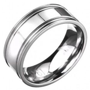 Šperky eshop - Prsteň z ocele - obrúčka striebornej farby s dvojitým vrúbkovaním  C25.3 - Veľkosť: 59 mm