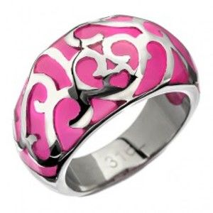 Šperky eshop - Prsteň z ocele - ružový s kovovou dekoráciou, srdiečko C21.5 - Veľkosť: 55 mm