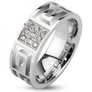 Šperky eshop - Prsteň z ocele - výrezy gréckeho symbolu a zirkónový štvorec E1.6 - Veľkosť: 70 mm