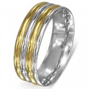 Šperky eshop - Prsteň z ocele - zaoblené pásy strieborno-zlatej farby B3.10 - Veľkosť: 67 mm