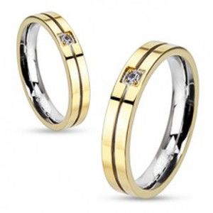 Šperky eshop - Prsteň z ocele - zlato-strieborná farebná kombinácia so zirkónom C27.5 - Veľkosť: 57 mm