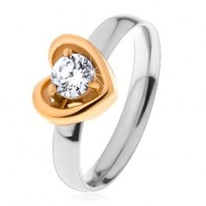 Šperky eshop - Prsteň z ocele 316L - dvojfarebné prevedenie, kontúra srdca, číry zirkón S22.23 - Veľkosť: 58 mm