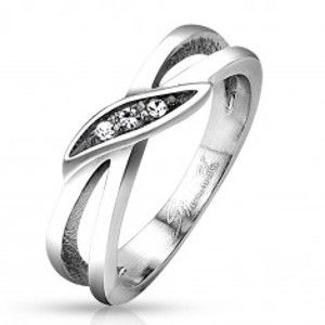 Šperky eshop - Prsteň z ocele 316L  striebornej farby, rozdelené ramená, číre zirkóny M11.07 - Veľkosť: 48 mm