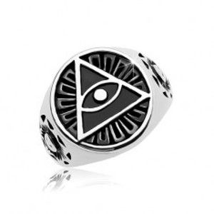 Šperky eshop - Prsteň z ocele 316L, čierny patinovaný kruh a trojuholník s okom AB35.14 - Veľkosť: 64 mm