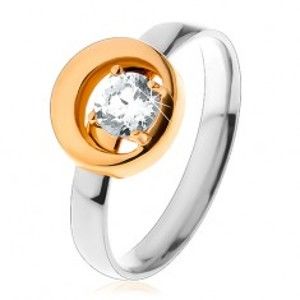Šperky eshop - Prsteň z ocele 316L, okrúhly číry zirkón v kruhu s výrezom, dvojfarebný S24.21 - Veľkosť: 54 mm