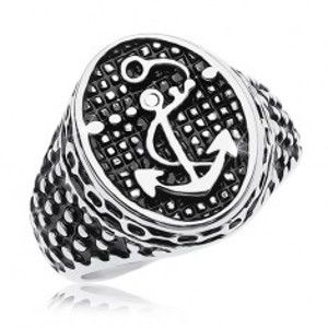 Šperky eshop - Prsteň z ocele 316L, patinovaný ovál s kotvou a drobnými bodkami AB36.13/14 - Veľkosť: 61 mm