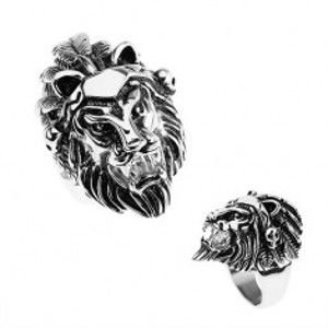 Šperky eshop - Prsteň z ocele 316L, strieborná farba, hlava leva, čelenka s pierkami, lebky T23.4 - Veľkosť: 64 mm