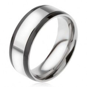 Šperky eshop - Prsteň z ocele 316L, strieborná farba, s čiernymi okrajovými pásmi BB16.03 - Veľkosť: 64 mm