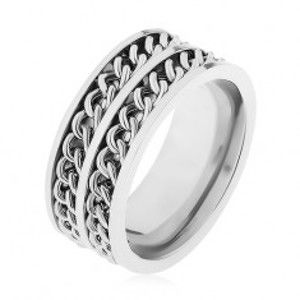Šperky eshop - Prsteň z ocele 316L striebornej farby, dve dekoratívne retiazky, vysoký lesk HH12.4 - Veľkosť: 62 mm