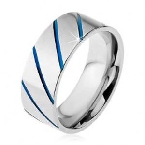 Šperky eshop - Prsteň z ocele 316L striebornej farby, modré diagonálne pásy, 8 mm M09.21 - Veľkosť: 62 mm