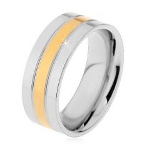 Šperky eshop - Prsteň z ocele 316L strieborno-zlatej farby - tri lesklé pásy, 8 mm H7.02 - Veľkosť: 59 mm